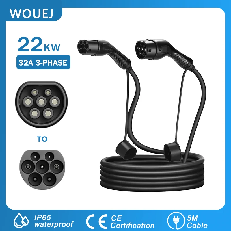 WOUEJ Charging Cable Type 2 22KW 32A 3Phase Electric Vehicle Cord for Station EVSE Female to Male Plug