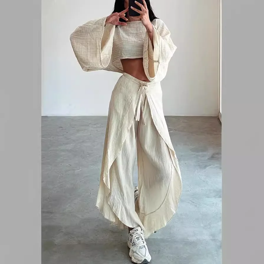 Wiosna Casual Solid Cotton Linen Suit Summer O Neck Crop Top+Sznurowane spodnie z falbanką Zestawy strojów dla kobiet Flare Sleeve Hollow