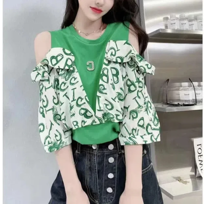 

England Style High Street Letter Spliced Printed Off Shoulder Short Sleeve Top Summer New Loose Fashion All-match Pullovers