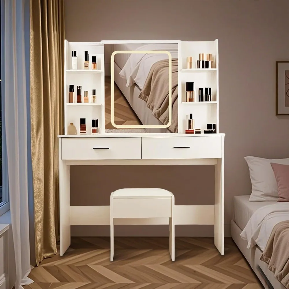 

Makeup Vanity Desk with Mirror & Lights,with 3 Lighting Modes, Drawers &Shelves, Cushioned Stool,Makeup Dressing Table