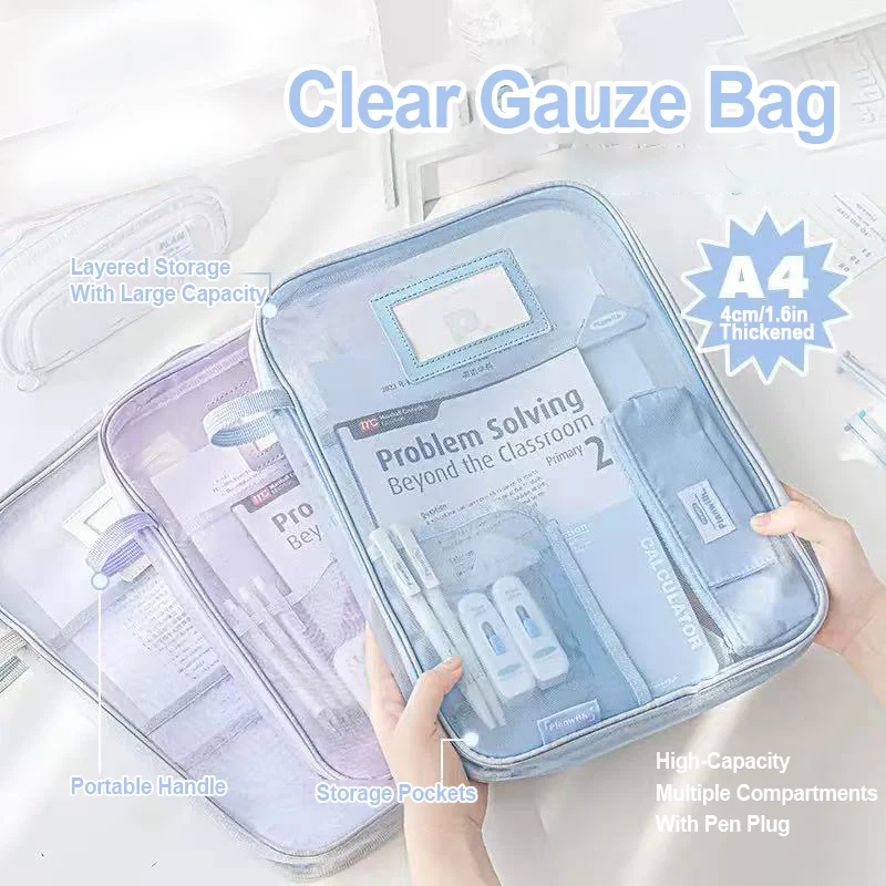 L-Shaped File Bag Zipper Large Capacity Student's Handheld Test Paper Classification Mesh Subject Bag Stationery