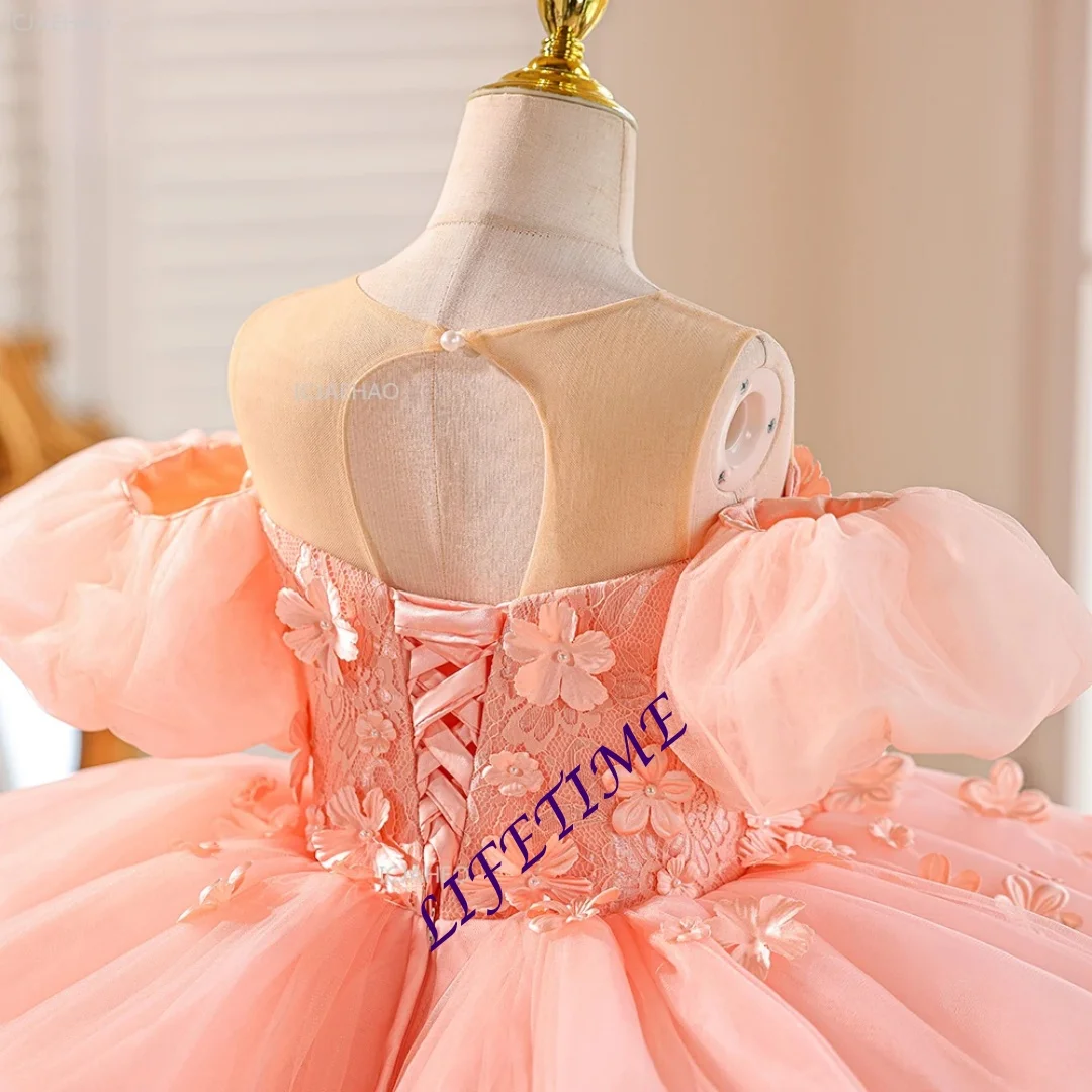 Pink Girls Birthday Princess Dress Puffy Gown with Long Train for Piano Performance Fashion Show Pageant Formal Customized