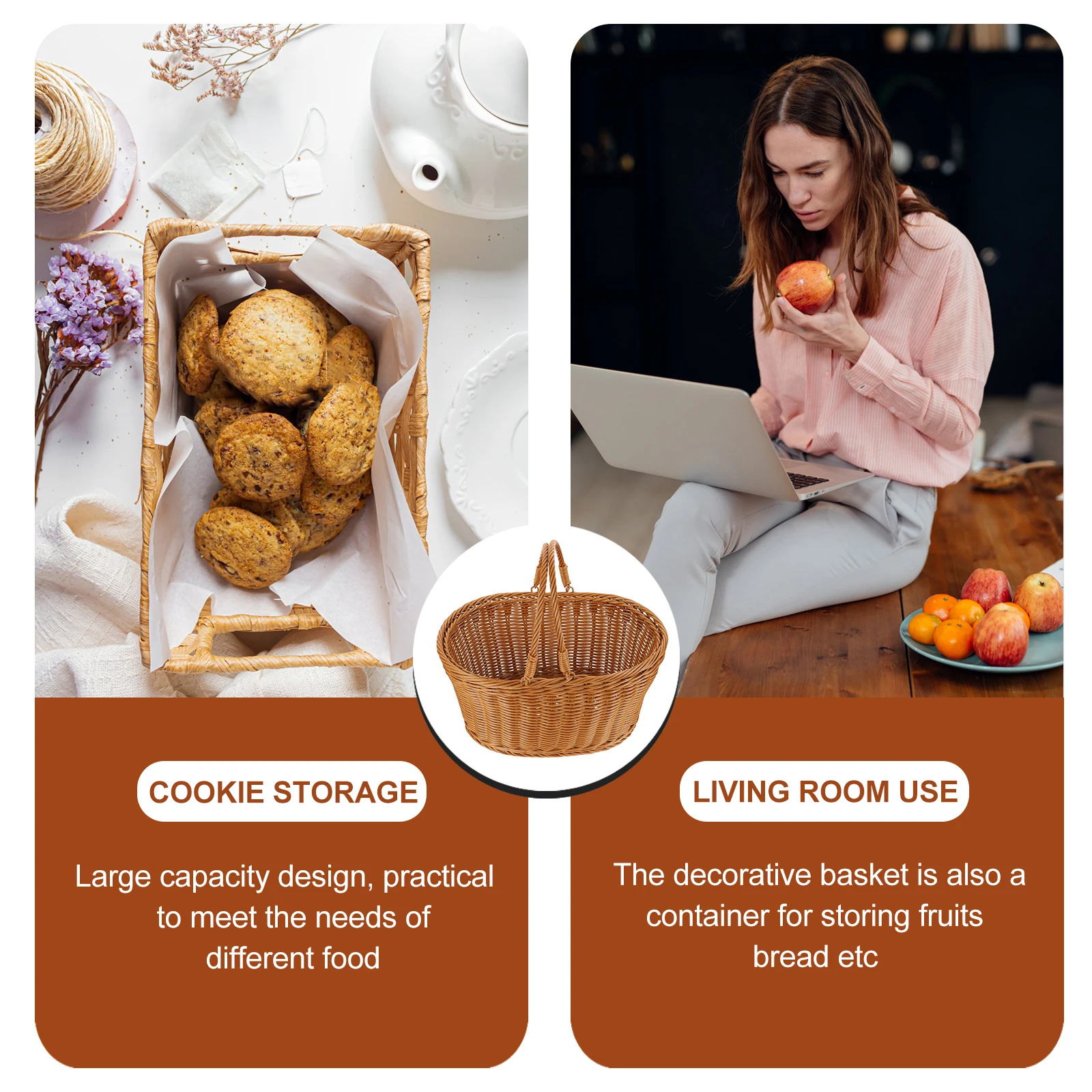 

1pc Fruit Vegetable Storage Basket Woven Handheld Portable Picnic Basket For Bread Snacks Imitated Rattan Lightweight Multi