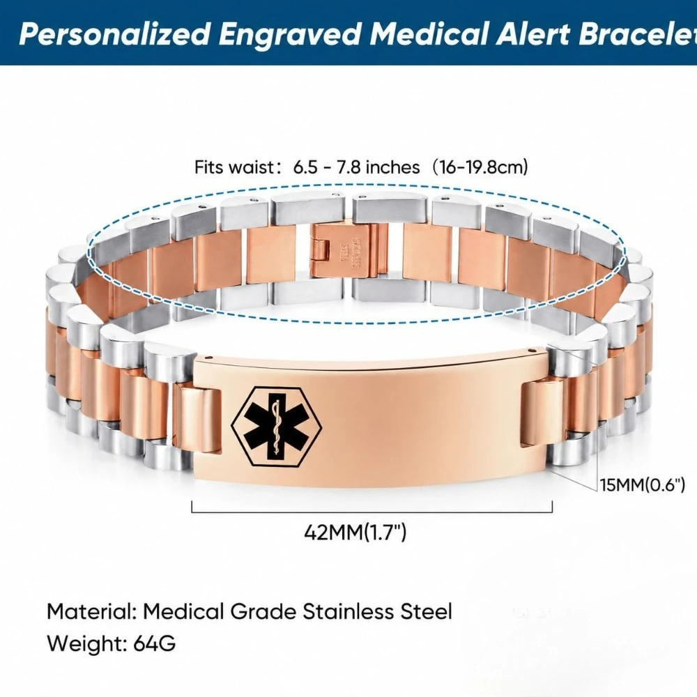Stainless Steel Medical ID Customized Bracelets Free Carving Adjustable Urgent Help  Allergy Warning Waterproof Wrist Strap