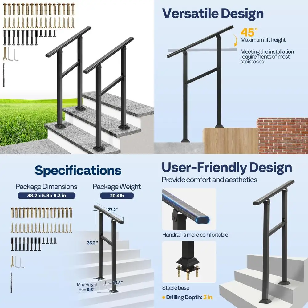 درابزين خارجي بخطوتين للخطوات، فولاذ مجلفن، درابزين بيضاوي أسود، مناسب للشرفة والسطح #1