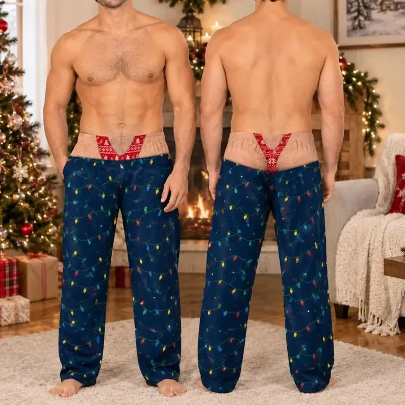 Men's Funny Christmas and Halloween Themed Underwear with 3D Printing, Visually Illusory, Humorous and Personalized Long Pants
