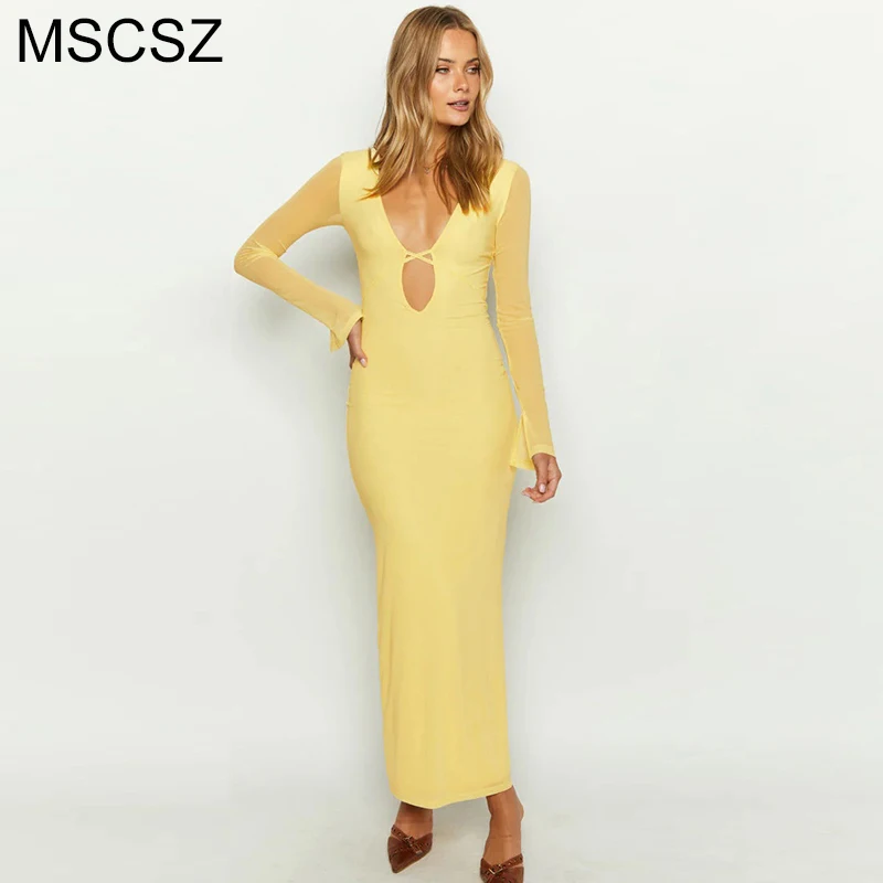 

MSCSZ Plunge Neck Sexy Long Dress Woman Mesh Long Sleeve Bodycon Maxi Dress Bandage Backless Party Dress Club Wear