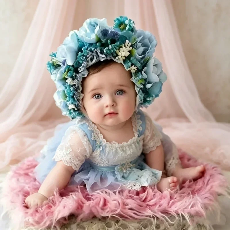 

Handmade Colorful Flower Bonnet Newborn Photography Props Studio Posing Accessories Soft Photo Hat For Infant Baby Shooting Use