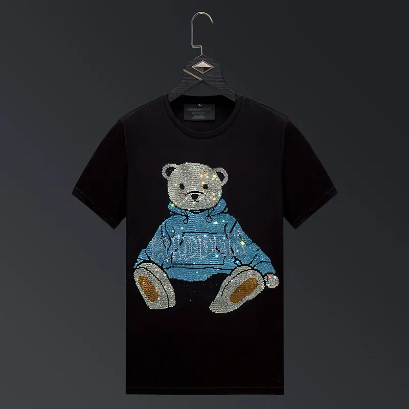 

2024 Cartoon Bear Rhinestones T Shirts Men Summer Clothes Fashion Streetwear O Neck Short Sleeve Thin Cool Modal Cotton T-shirts