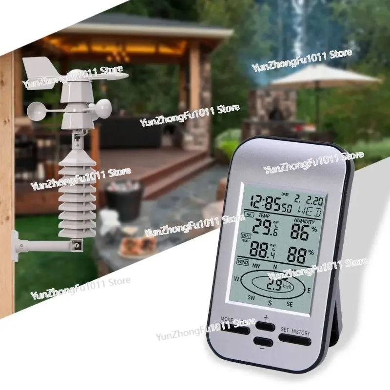 Wind Sensor LCD Home Weather Station Clock Wind Speed Direction Chill Temperature Humidity Meter