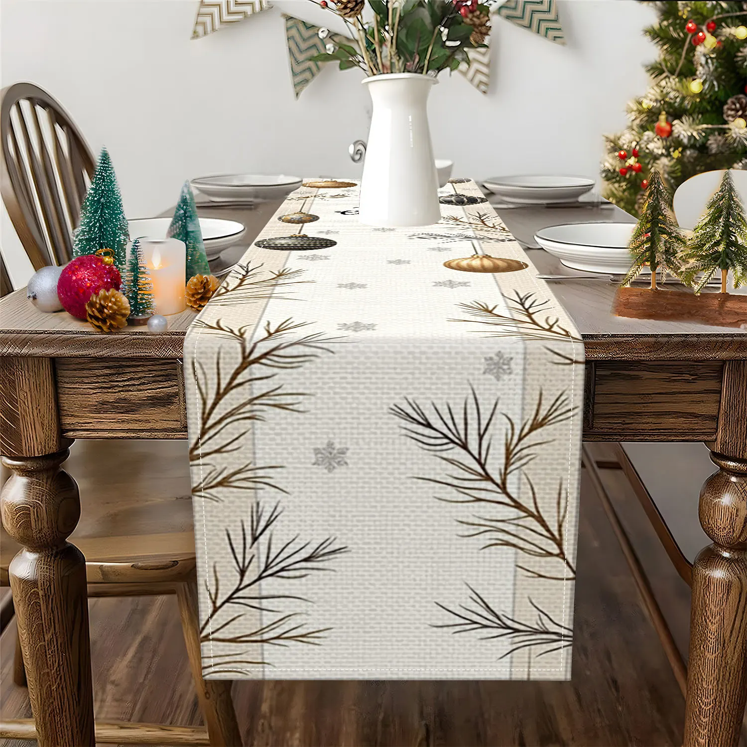 1 Piece of Black Gold Christmas Decoration Table Runner, Featuring Christmas Balls, Pine Branches, and Snowflakes as Main Motifs, Suitable for Christmas Parties, Home Holiday Decorations, and Other Occasions
