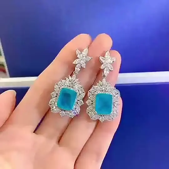 

New fashion trend S925 silver inlaid 5A zircon Paraiba color women's personality earrings temperament