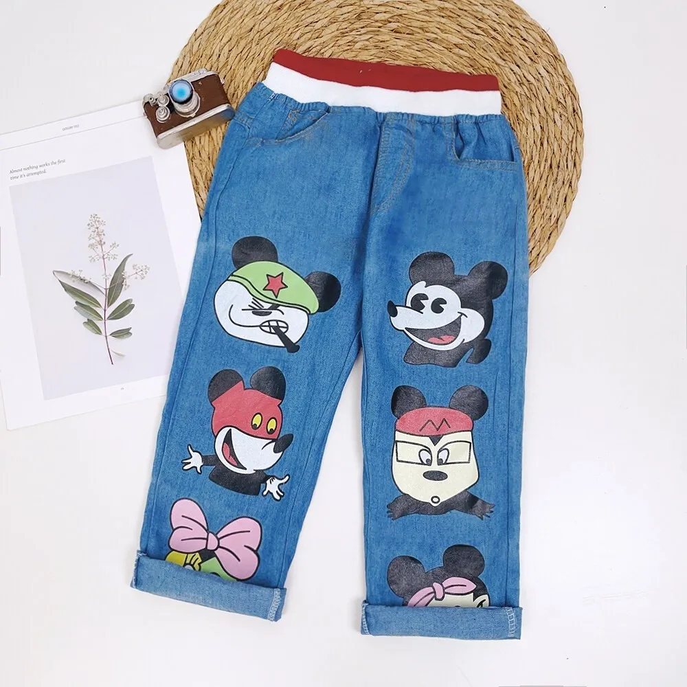 Spring and Autumn Children's Casual Clothes Cartoon Mickey Mouse Print Denim Pants Straight Tube Daily Wear