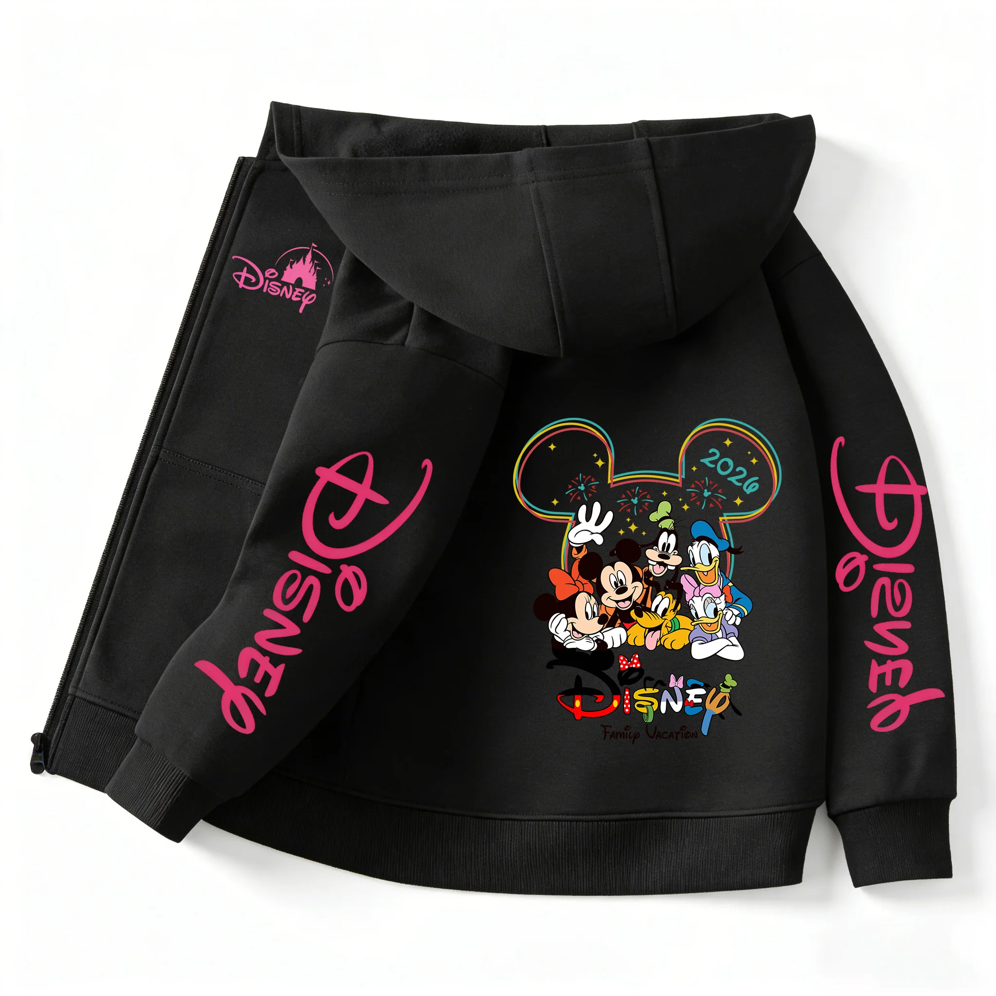 Disney Kawaii 2026 Fashion Disneyland Trip Clothes Caricature Zipper Hoodie Children Top Cartoons Girl Clothes Boy Disney Kids