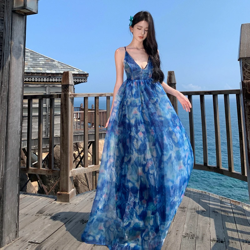 

Summer Beach Holiday Floral Prints Long Dresses for Women New Boho Blue Casual Robe Sexy Backless Sleeveless Female Clothing