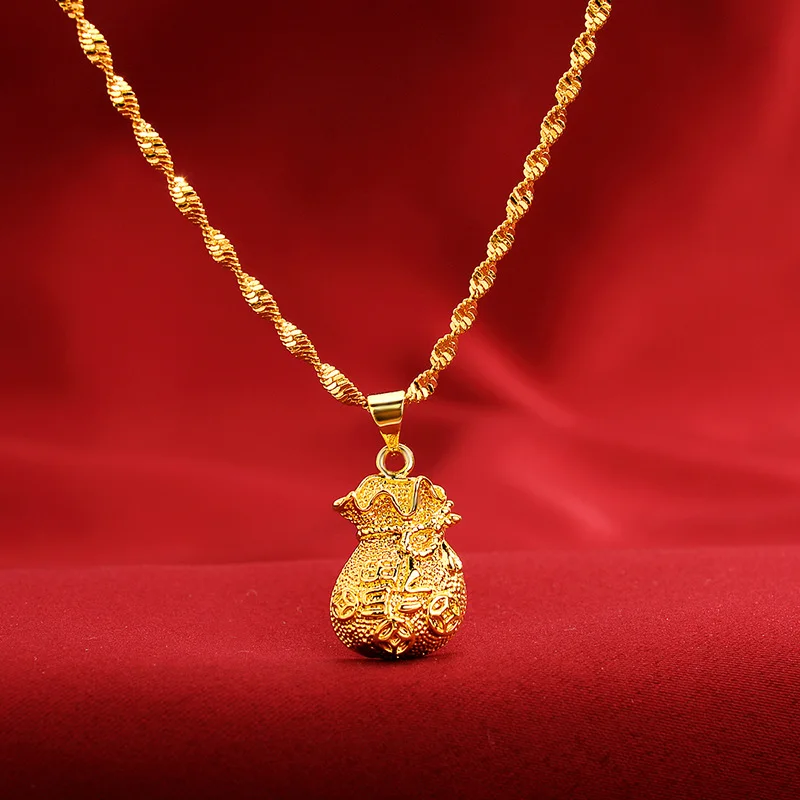 New AU999 gold necklace lucky purse pendant 24K pure gold short necklace temperament ladies rich clavicle chain gift