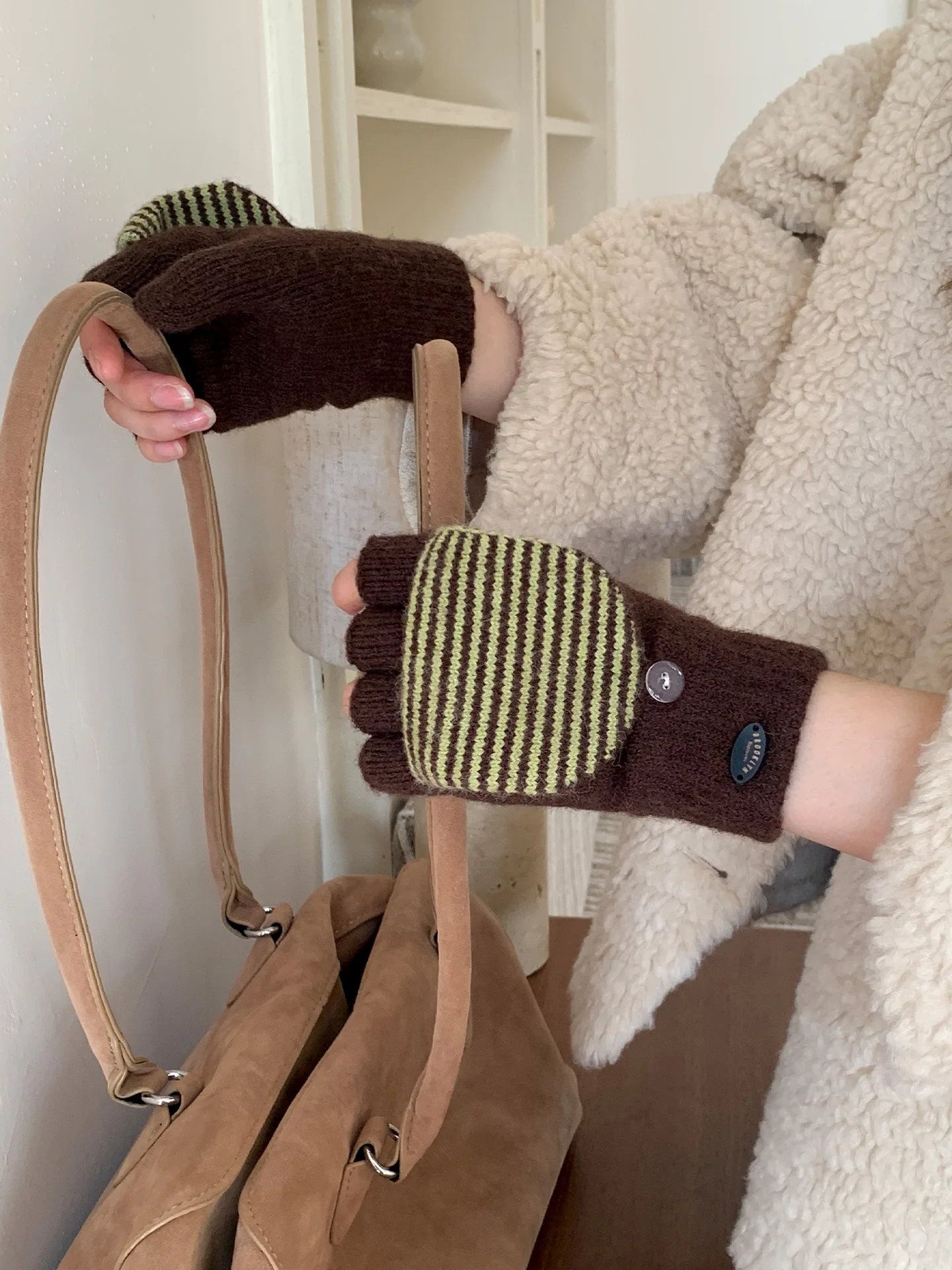 Retro Striped Flip Cover Woolen Gloves Women's Autumn Winter New Style Touch Screen Capable Fingerless Warm Cold Proof Gloves