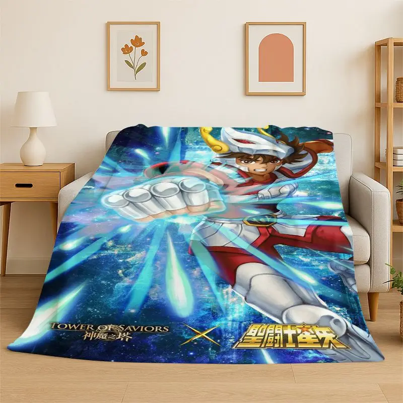 Retro Saint Seiya Anime Cartoon Flannel Blanket Soft Warm Throw Blanket for Bedroom Living Room Bed Travel Camping Picnic Gift