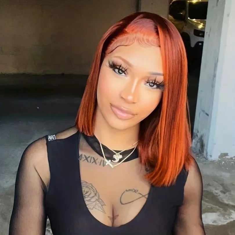 Highlight P4/350 Straight 13x4 Bob Brown Ginger Orange Color Short 14Inch Pre Plucked Wigs Transparent Lace Human Hair Wigs