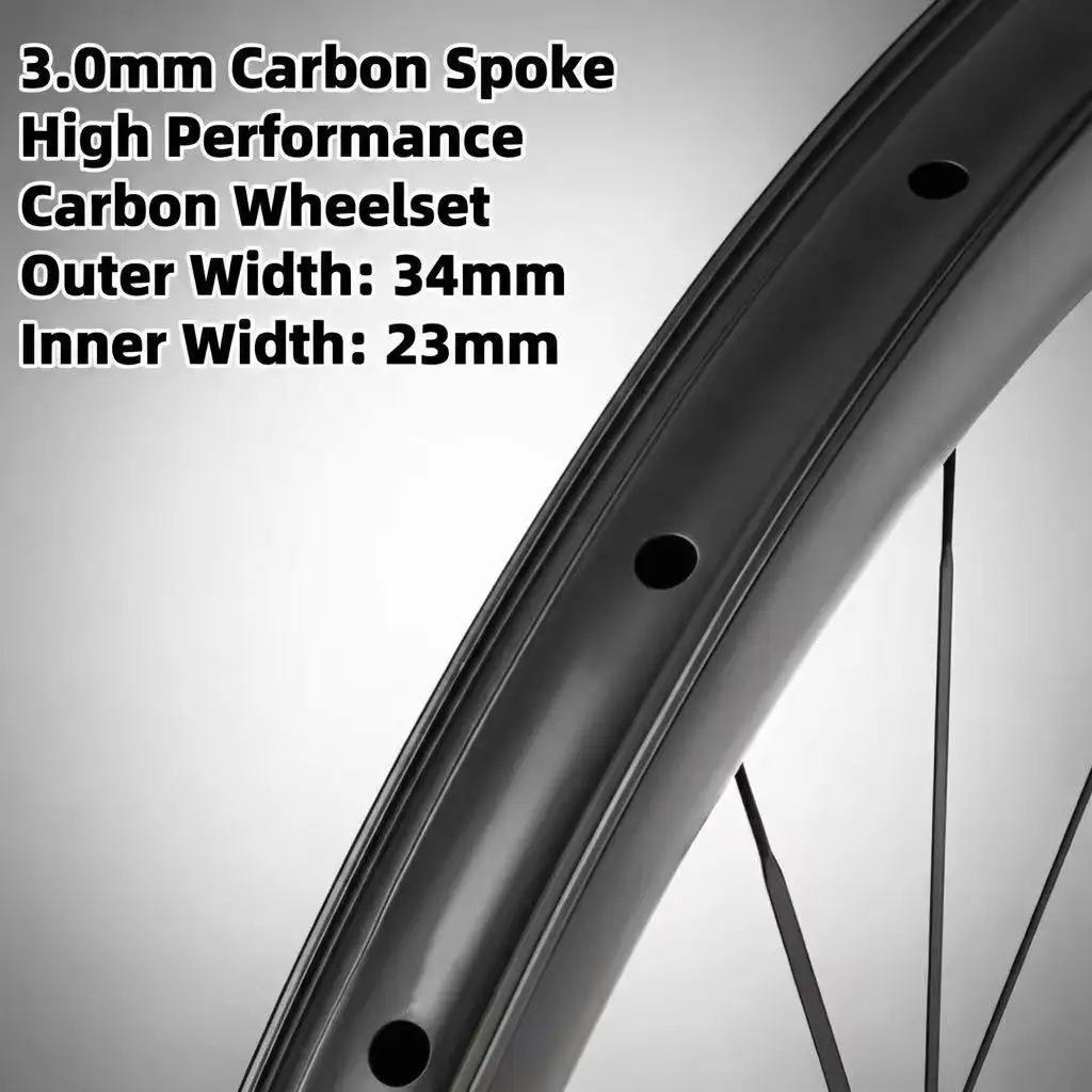 700C Road Bike Wheelset 3.1mm Carbon Spoke 54T Ratchet Hub 34mm Outer 23.5mm Inner Width Vacuum Carbon Fiber Bike Wheel Set