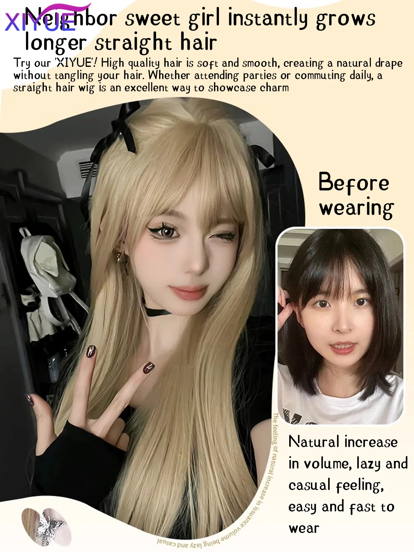 XIYUE Blonde Golden Long Straight Synthetic Wigs with Bangs Beige Lolita Hairs Wig for Women Daily Party Heat Resistant Fiber