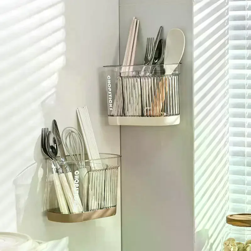 20x10x13.8cm Plastic Wall Mount Utensil Holder With Drain Board For Chopsticks Forks Spoons Modern Kitchen Organization