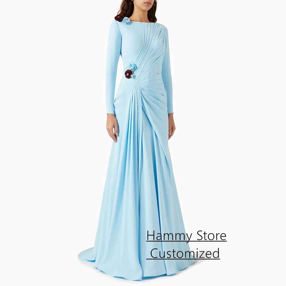 

Вечернее платье в Саудовской Аравии по индивидуальному заказу с круглым вырезом и длинными рукавами, плиссированным шлейфом, вечернее платье русалки, скромные платья для выпускного вечера