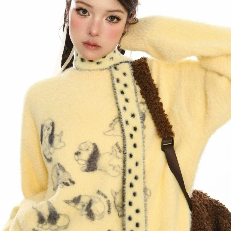 A Scarf New Style of Fun Puppy Mohair Soft Fluffy Sweater for Women 2026 Winter Autumn Laid-back Style High-end Creamy Pullover