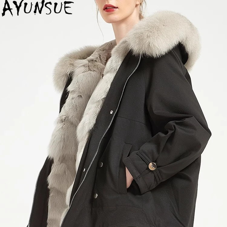 

AYUNSUE Rex Rabbit Fur Coat Женская парка из натурального меха 2025 Зимняя одежда Теплые толстовки с воротником из лисьего меха Женское пальто Пальто Женское