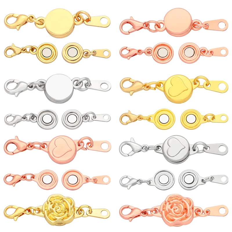 2Sets Love Heart Locking Strong Magnetic Clasp Flat Round Necklace Connected Clasp Closures Bracelet Extender for Jewelry Making