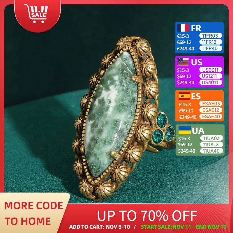 

Vintage Olive Green Natural Stone Ring Adjustable Gold Color Wedding Bridal Luxury Designer Accessories Woman Jewelry 2025 New