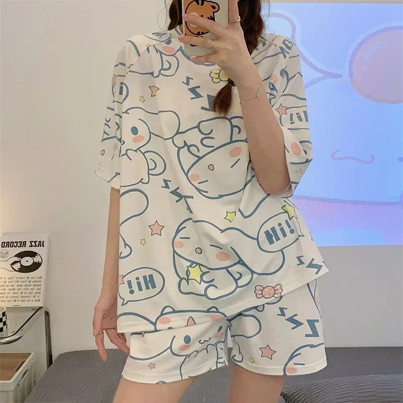 Miniso Sanrio Anime Cinnamoroll Kuromi Pajamas Summer Simple Fashion Delicate Cute Casual Loose Comfortable Soft Girly Set Gift