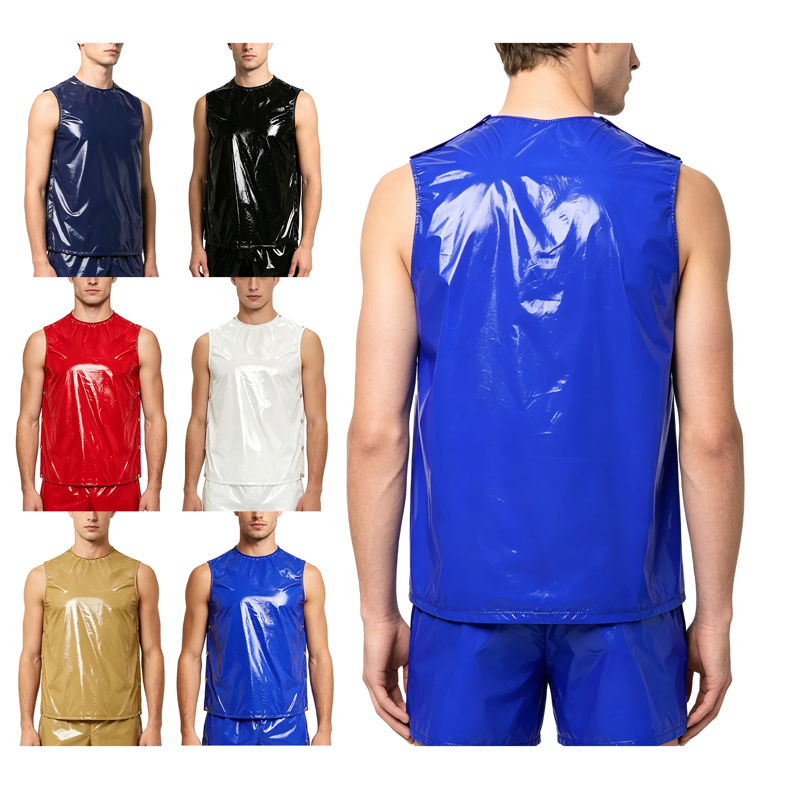 Mens Vinyl Waterproof Tank Tops Vests Nightclub Costume Vintage Faux Leather Sides Buttons Shiny Sleeveless Male Party Stage Top