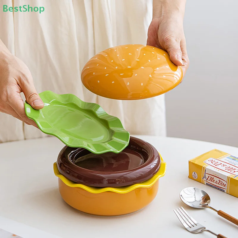 

Creative Hamburger Ceramic Bowl Plate 5-piece Set Cute Cartoon Tableware Household Baking Salad Bowl Dessert Plate Rice Bowl