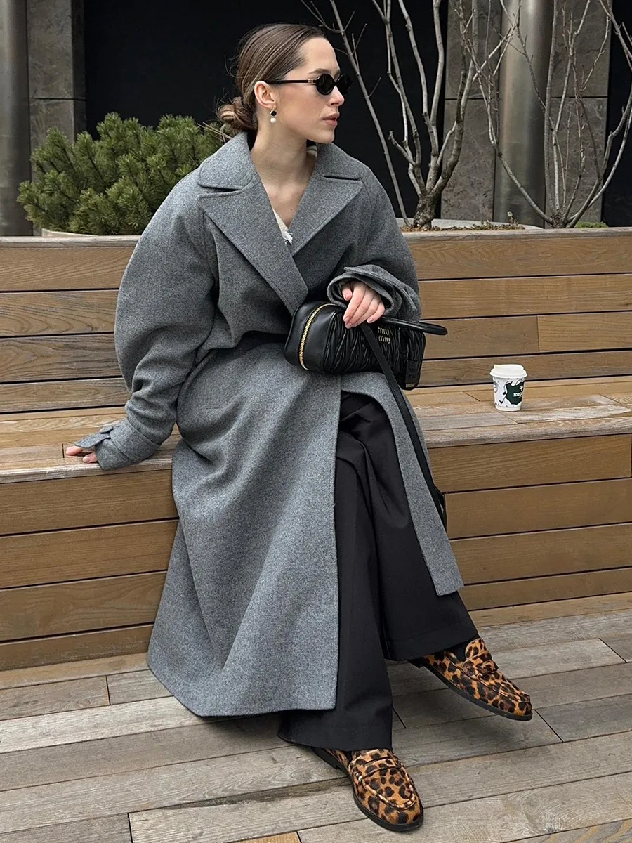 Elegant Women's Extra Long Belted Wool Coat for Autumn Winter