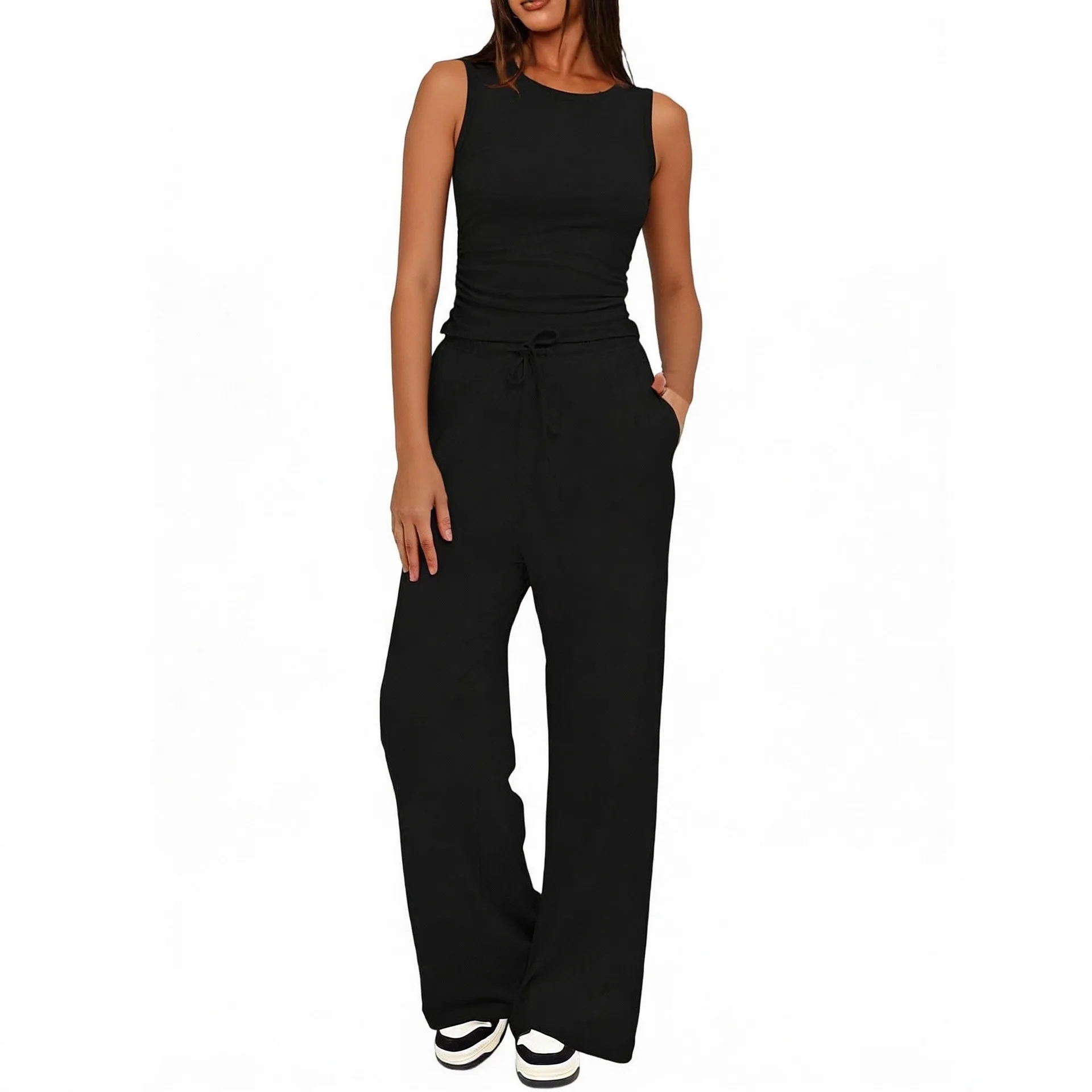 Conjuntos De Pantalones Round Neck Sleeveless Vest Slim Fit Sexy Top With Pockets Wide Leg Pants 2-piece Set Womens Jogging Suit