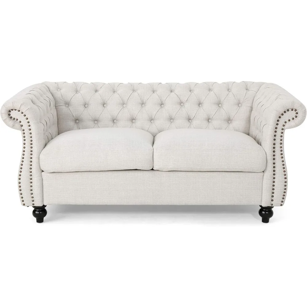 Home Karen Traditional Chesterfield Loveseat Sofa, Beige and Dark Brown, 61.75 x 33.75 x 27.75