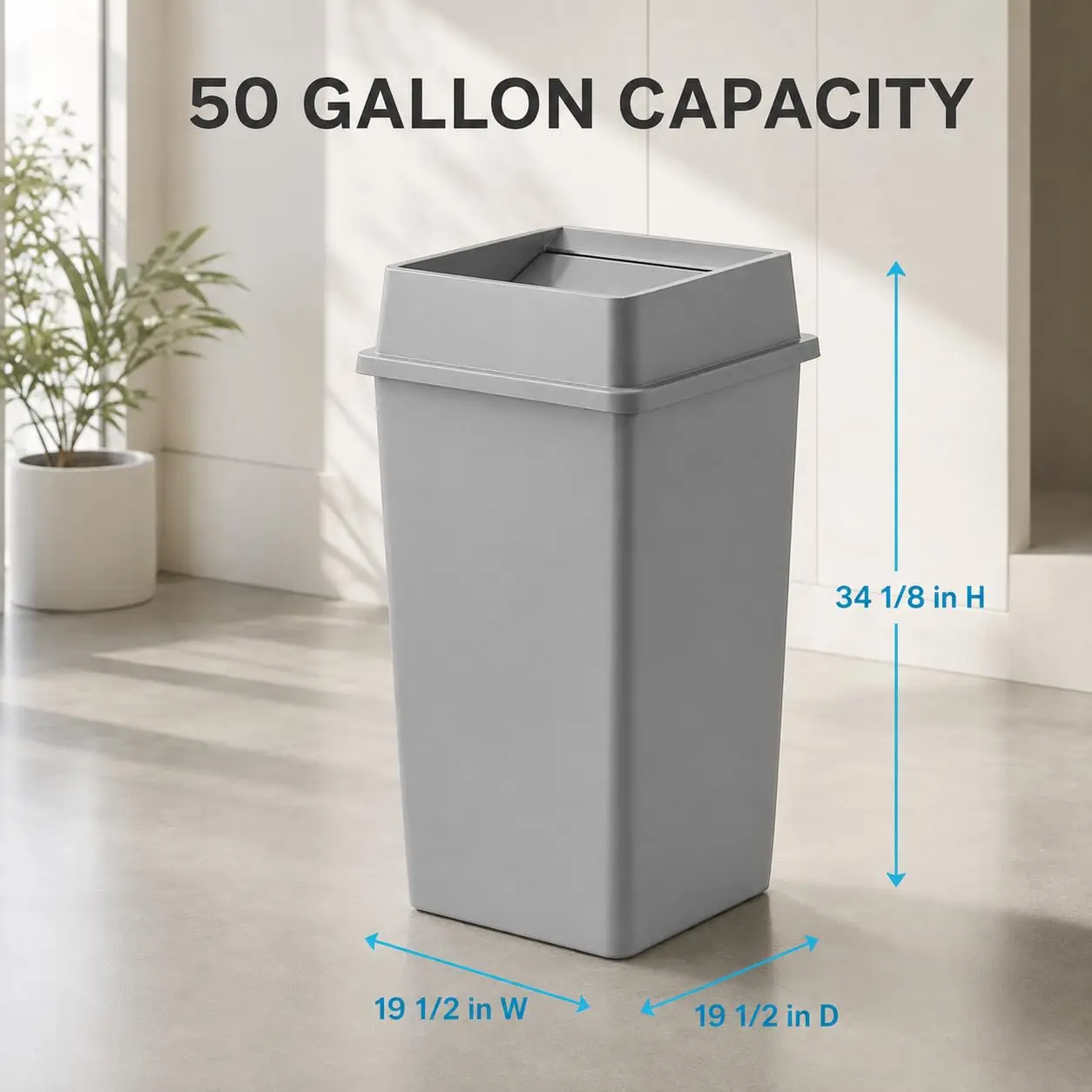 3 Pack Gray 50 Gallon Large Commercial Garbage Bins with Lids, Durable Square Resin Trash Cans with Built-in Handles for Indoor