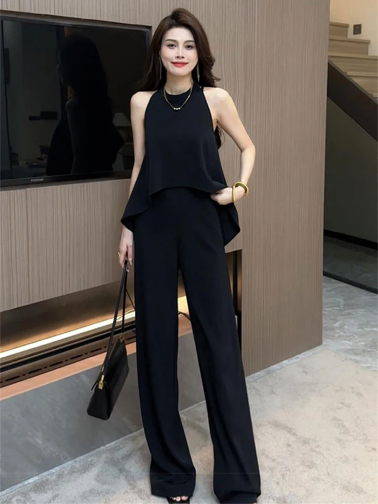 Fashion Casual Two Piece Pant Set For Women Sleeveless Sexy Vest Top + High Waist  Wide Leg Pants Suits Summer 2 Piece Outfit