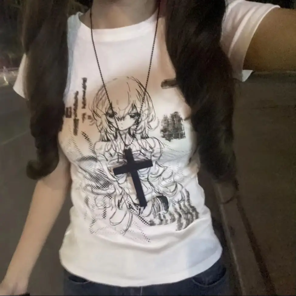 

Kimotimo Japanese Cute Anime Printed White Short Sleeve T-shirt Women Summer Y2k Aesthetic Slim Fit Crop Top Vintage Grunge Tees