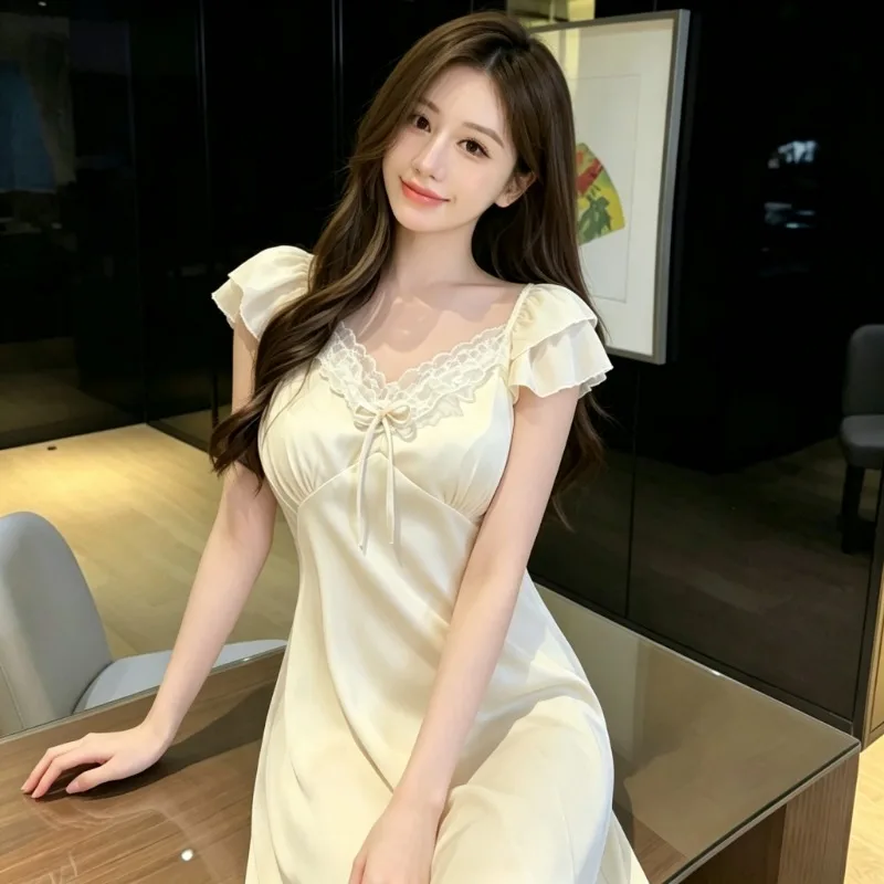 Elegant Ladies Summer Long NightDress Lace V Neck Sleeveless Nightgown With Built In Chest Pad Bow Design Casual Home Loungewear