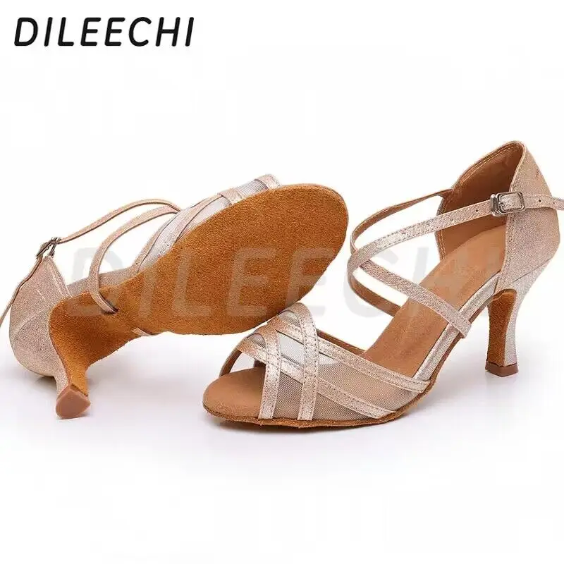 DILEECHI Women Latin dance shoes Light Gold Glitter Net Cuba High Heel 9cm 7.5cm Salsa Party Performance Ballroom dancing shoes