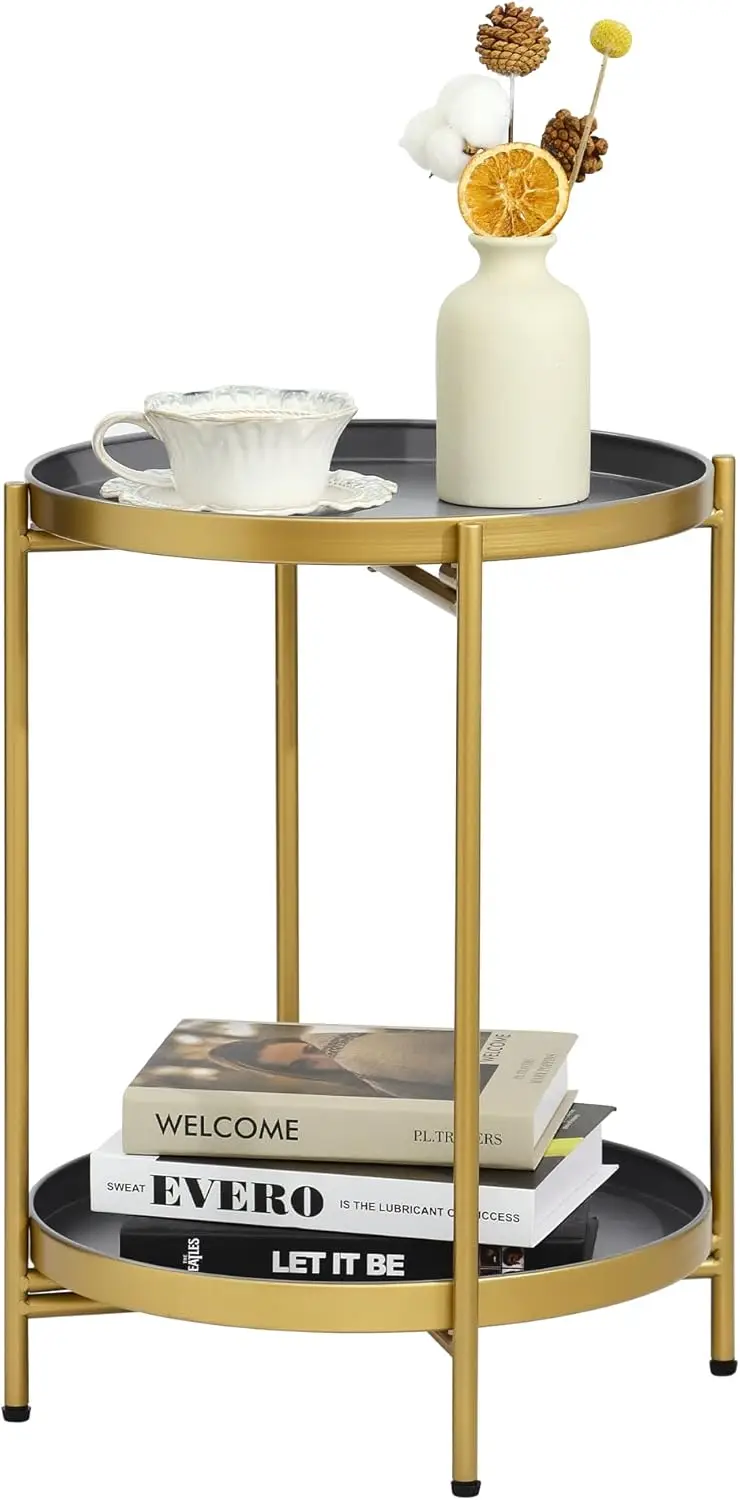 

2-Tier Round End Side Table, Small Metal Side Table with Removable Tray, Folding Accent Tables for Living Room, Balcony, Nigh