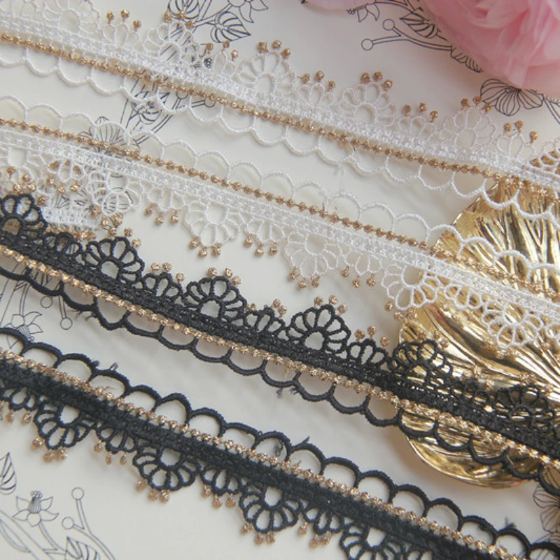 Wedding Dress Fluorescent Lace Applique, Gold Thread, White, Black Venice Lace Accessories, Stage Performance Decoration, 2 Yard