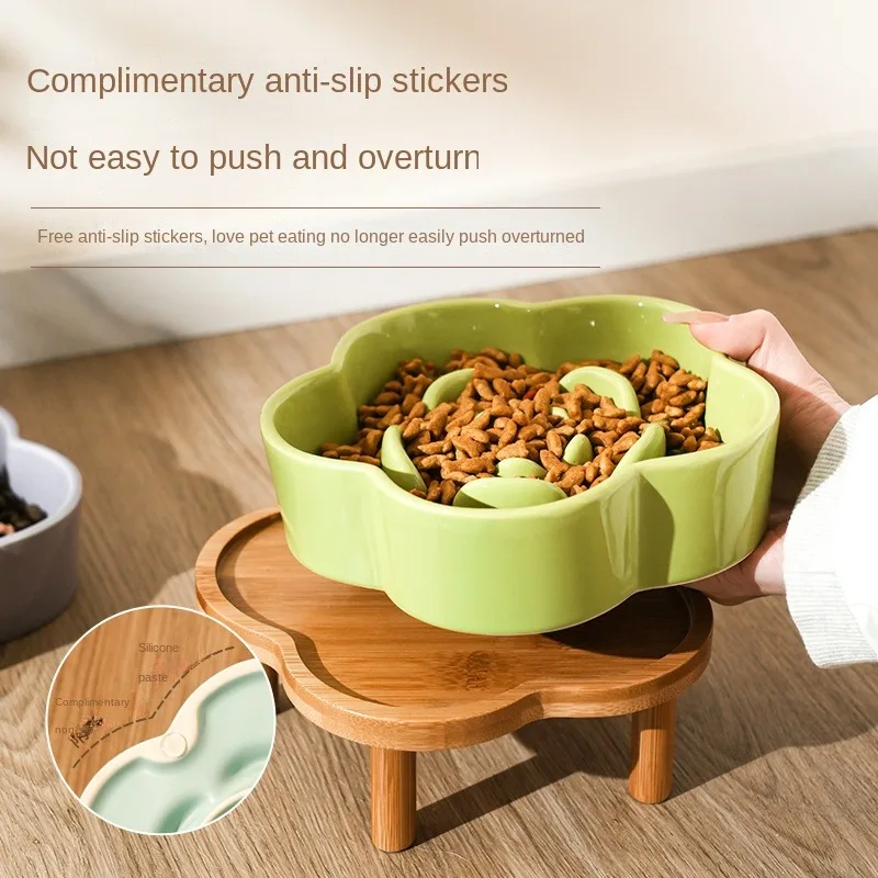 Ceramic Slow Feeding Bowl Anti-Choke Cat Entering Food Basin Prevent Black Chin Small Dog Neck Mask Wooden Frame Cat Supplies