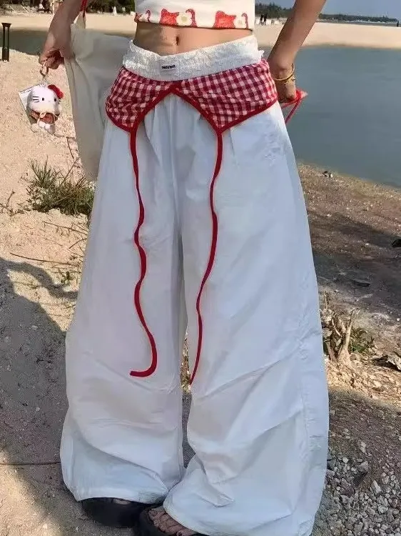 

Summer American Retro Fake Two-Piece Wide Leg Paratrooper Pants Women's Versatile Design Pleated Mop Casual Trousers