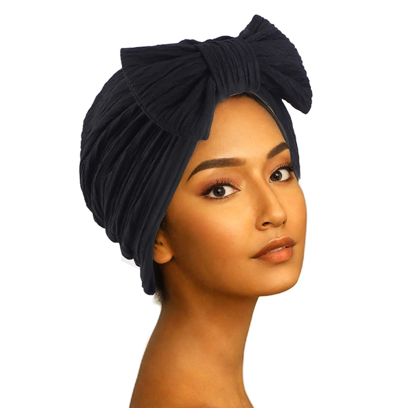 New Big Bowknot Turban for Women Head Wrap Solid Color Fashion India Hijab Hat Chemo Cap Ladies Muslim Hair Accessories