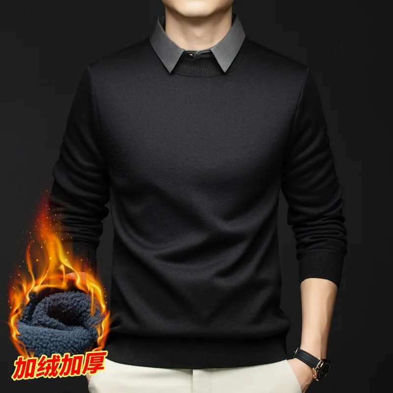 Мужской вязаный свитер с воротником рубашки — двухслойный дизайн с начесом на флисовой подкладке для делового повседневного использования (тяжеловес, зима Essential)