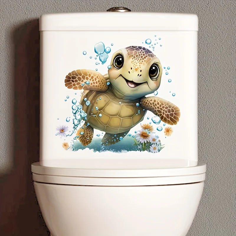 Cute Turtle Bathroom Decor - Self-Adhesive Toilet Lid Sticker, Fun Marine-Themed Wall & Door Decor Decals M1123