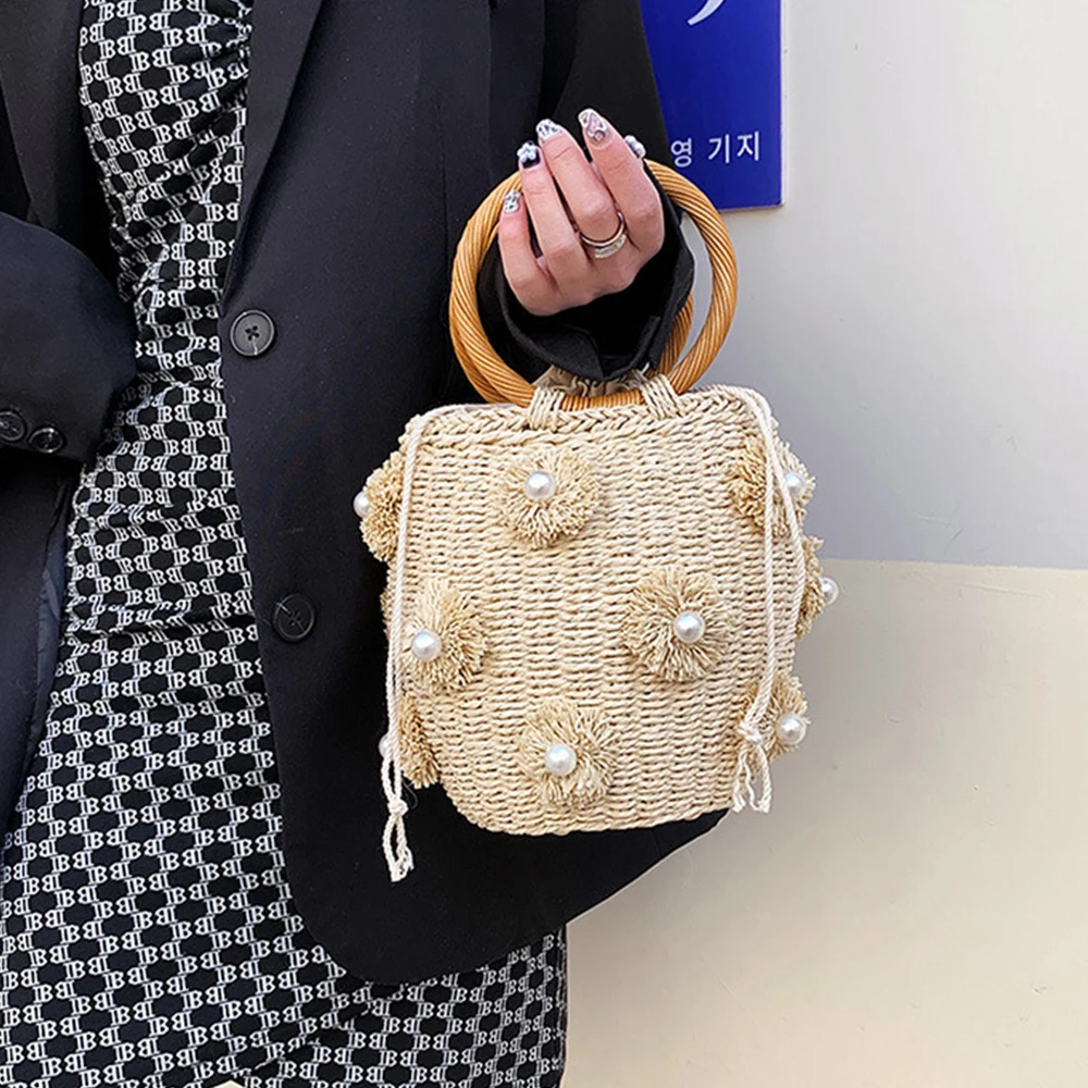 Flower Pearls Handmade Woven Bag Stylish Picnic Basket Large Capacity Handbag Round Trendy Bucket Bag Summer